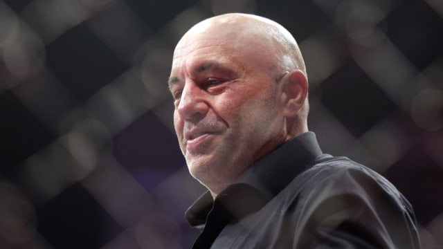UFC color commentator Joe Rogan having a good time inside the Octagon.